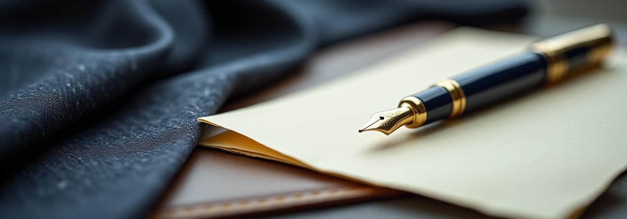 Close-up van hoogwaardige stoffen en een vulpen op een bureau